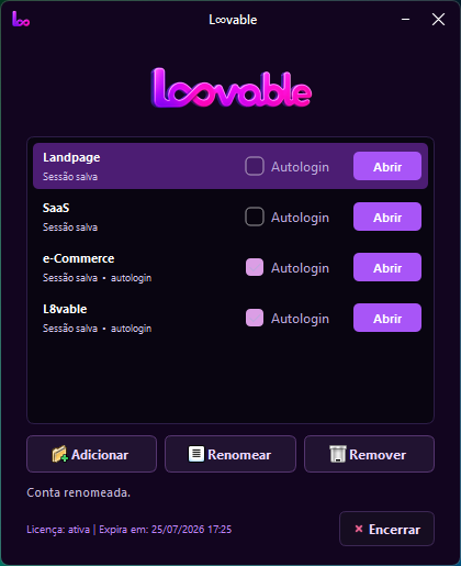 Painel do Loovable com ambientes e contas organizadas